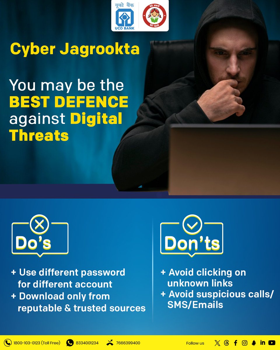 UCOBankOfficial's tweet image. You are the key to defending against #DigitalThreats. Stay informed and vigilant to protect your Data. #CyberProtection #DigitalDefence #StayAlert #CyberJagrookta #UCOTURNS81 #81YearsOfTrust #StaySafeOnline #DigitalSecurity @Cyberdost  @AmritMahotsav @DFS_India @GoI_MeitY