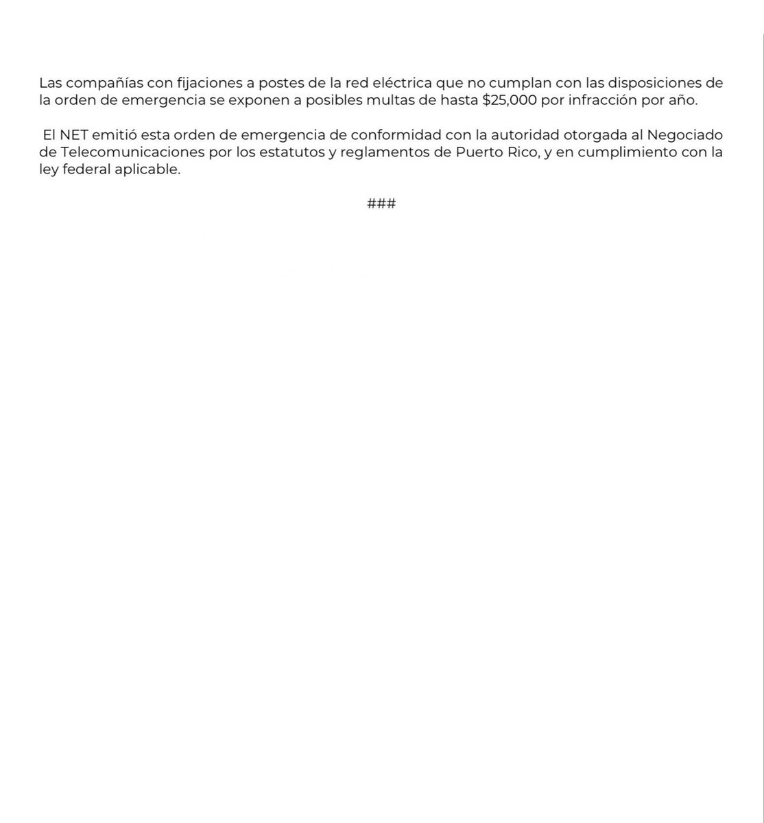 [Comunicado de Prensa]
📲 Negociado de Telecomunicaciones emite resolución y orden para atender controversias sobre el uso mancomunado de postes de la red eléctrica