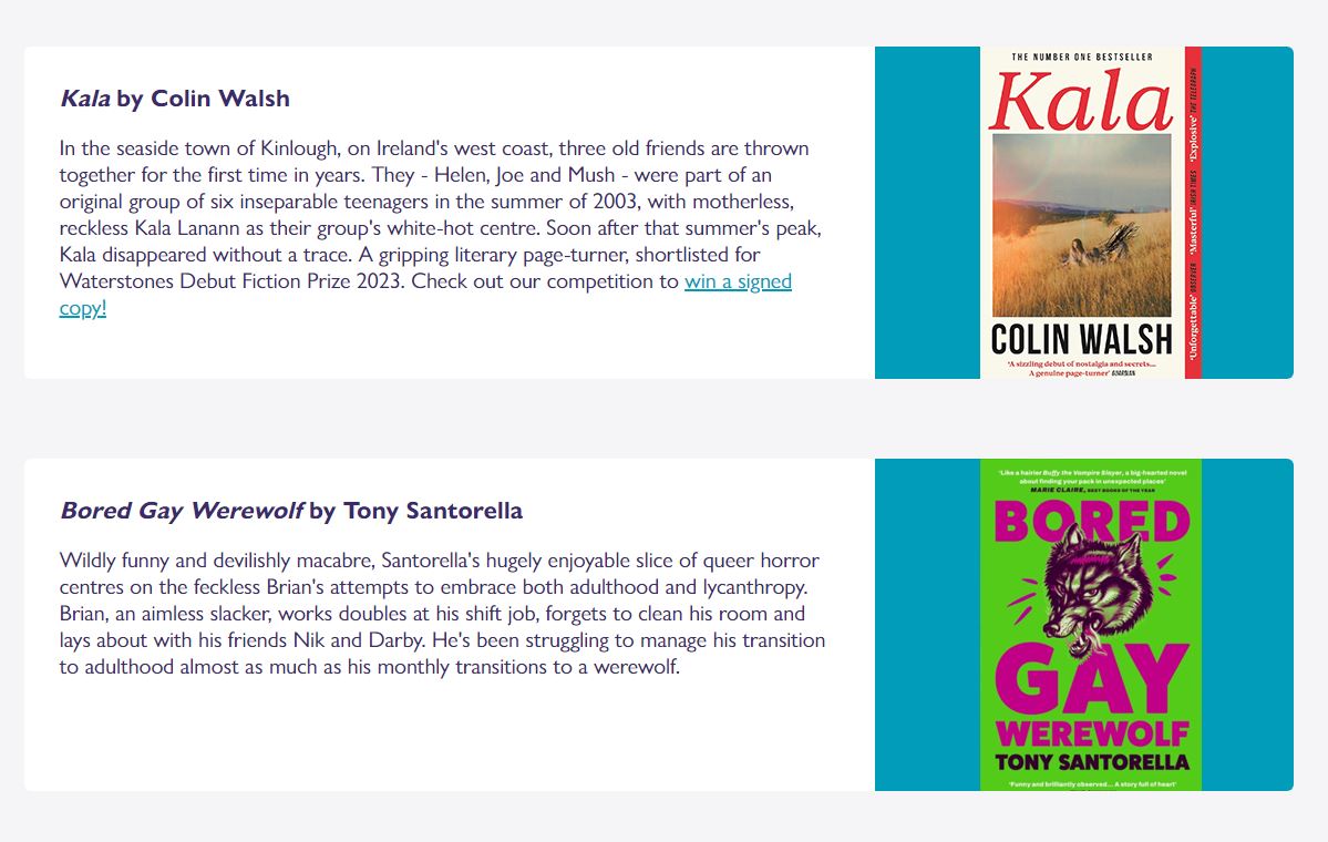 AtlanticBooks's tweet photo. Delighted to see Kala and Bored Gay Werewolf in the @book_tokens 25 summer reads to discover in bookshops:
https://t.co/6xaHhIyu0y #SummerReading #LocalBookshops https://t.co/H2GSr97BYH