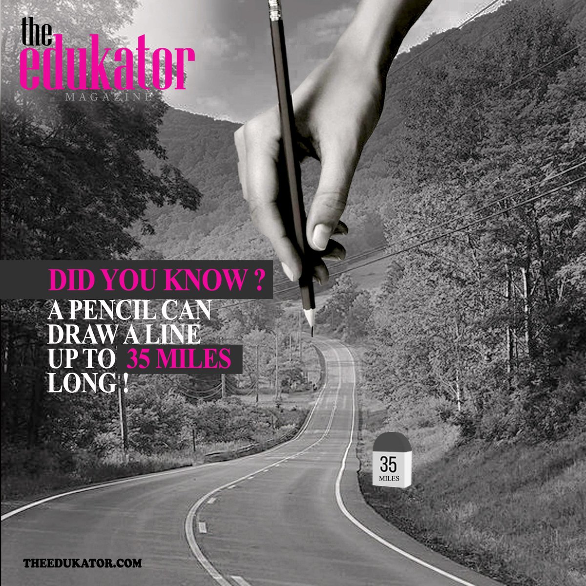 TEdukator's tweet image. Do you know, How many words can a pencil write?

An average pencil contains sufficient graphite to draw a line approximately 35 miles long or to write around 45,000 words.

#theedukatormagazine #theedukator #learningskill #schools #educationsystem #DoYouKnow #pencil #pencilwrite