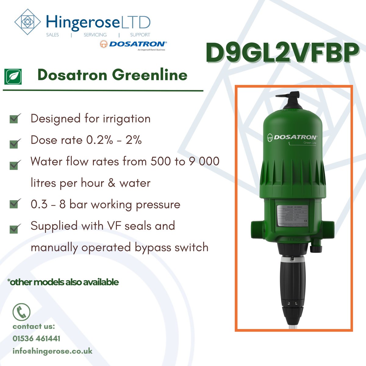 HingeroseLtd's tweet image. 🟢Dosatron D9GL2VFBP Greenline for irrigation &amp;amp; fertigation - from the same family as our popular D3GL2VF but operating at higher water flow rates up to 9m³/h for medium sized production of fruits 🍓🍒, vegetables 🍅🥬, ornamentals &amp;amp; cut flowers 🌷.