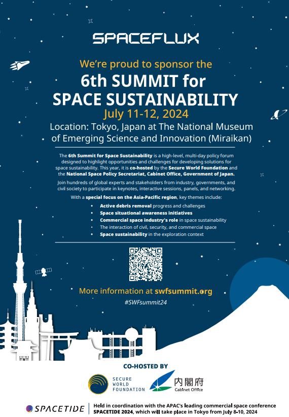 spacefluxHQ's tweet image. We&apos;re proud to sponsor @SWFoundation&apos;s 6th Summit for #SpaceSustainability. Join us in Tokyo for discussions on the pivotal issues facing sustainable activities in space. Early bird registration is now open: swfsummit.org.