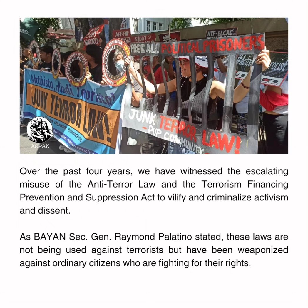 arpakph's tweet photo. The real terrorists are not the people seeking change and justice but the state apparatus that seeks to crush their spirit with fear and violence.
End the terror and oppression now! Repeal the Anti-Terror Law!
#JunkTerrorLaw #ActivistsNotTerrorists https://t.co/hZbKuQZxj5