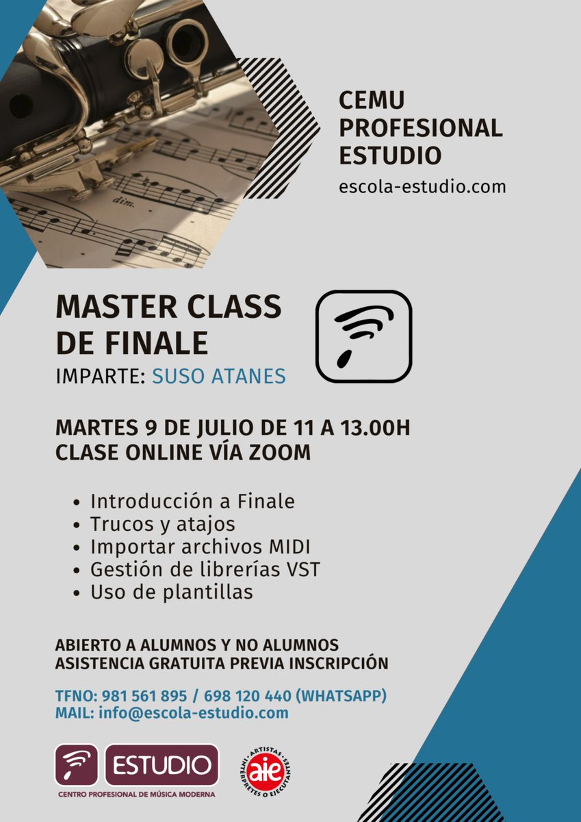 Master Class de Finale.
📆 Martes 9 de julio
⌚ De 11:00 a 13:00
📌Gratuita previa inscripción.

#cemuestudio #estudioescolademusica #musicamoderna #clasesdemusica
