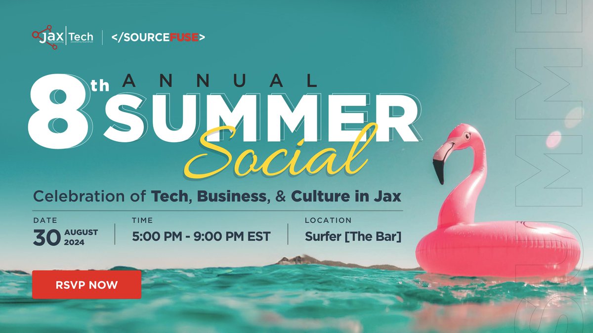 SourceFuse's tweet image. Booked your seat yet? #JaxTech is hosting its 8th Annual Summer Social in Jacksonville, Florida powered by SourceFuse - the largest networking event for technologists, #Entrepreneurs, industry leaders &amp;amp; #Cloud enthusiasts! RSVP NOW to book your FREE spot: hubs.ly/Q02FcSQc0