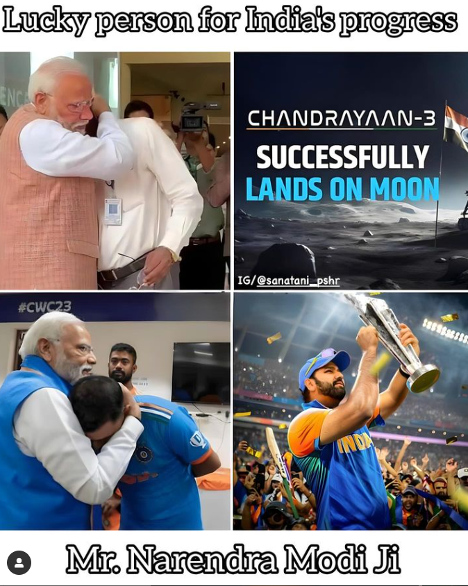 imTheHimanshu16's tweet photo. Everyone say you panoti and I heard "the most luck person".
Ek baar mujhe bhi gale lga lo modi ji, 
#modi #bjp #chandrayaan #INDvSA #WorldCup #viratkohli #win #kohli #rohit #bumrah #lucky #WorldCupFinal #india #bharat #retire #wankhade #parde #victory https://t.co/BnNHNTCFnI