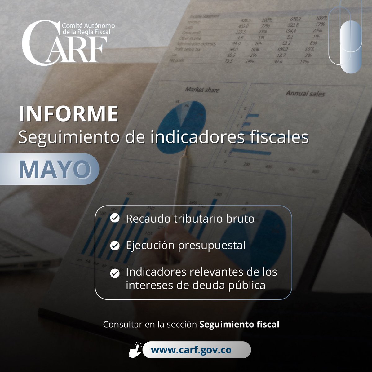 🗓El informe de seguimiento de #IndicadoresFiscales de Mayo ya está disponible en nuestro portal web carf.gov.co 

✔️Consulta aquí la información sobre recaudo tributario bruto, ejecución presupuestal e indicadores relevantes👇🏼
carf.gov.co/webcenter/Show…