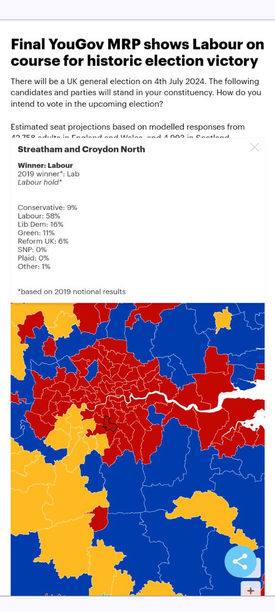 RJDoyleSW2's tweet image. Final @YouGov MRP poll of General Election has Conservatives trailing in fourth place in Streatham &amp;amp; Croydon North behind Labour, Liberal Democrats and Greens.
You can "vote with your heart" here.
And if more of you vote, the chance of Reform UK losing their deposit increases!