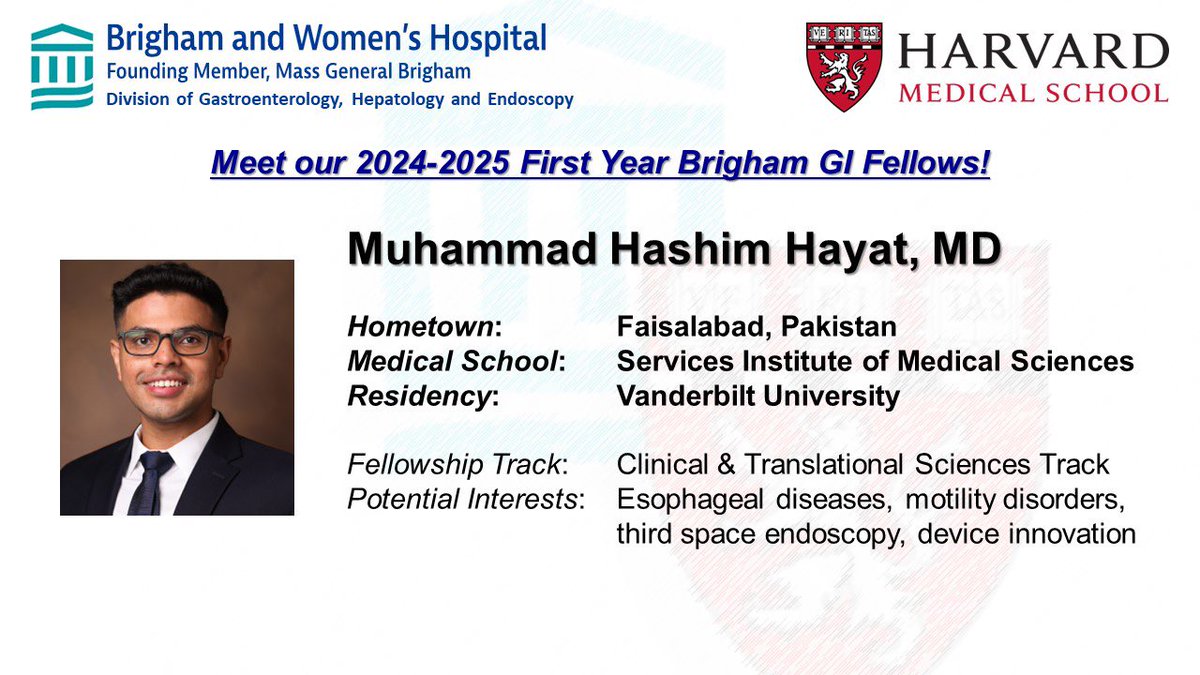 We’re excited to introduce our new class of #BrighamGIFellows🥼🩺 (2/5)

Muhammad Hashim Hayat, MD (<a href="/HashimHayat/">Mahar Hashim Hayat Lak</a>) came from Pakistan &amp; completed residency + research fellowship at <a href="/VanderbiltU/">Vanderbilt University</a>, after obtaining his medical degree from <a href="/SIMS_edu_pk/">Services Institute of Medical Sciences, Lahore</a> 

<a href="/BrighamWomens/">Brigham and Women's Hospital</a> <a href="/harvardmed/">Harvard Medical School</a>