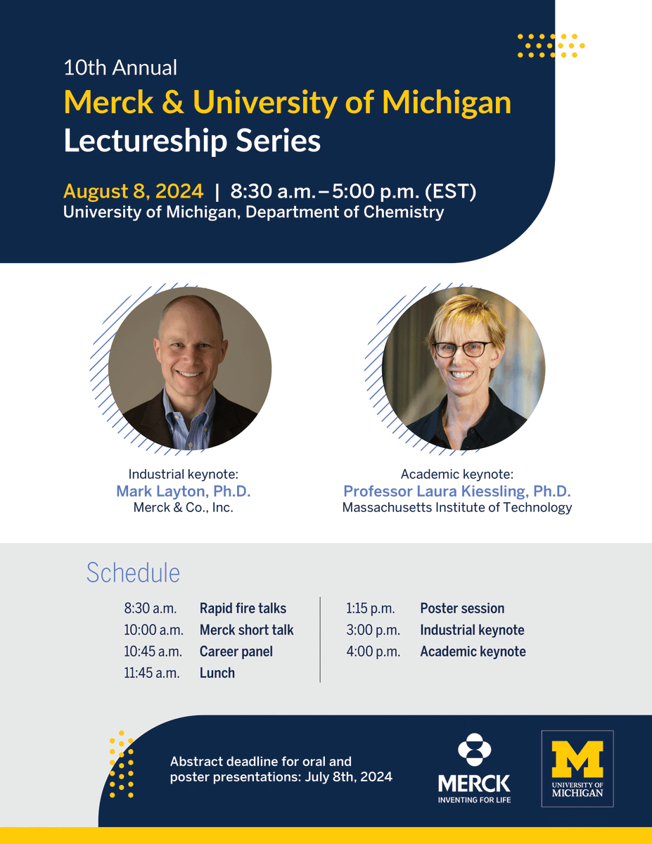 MichiganChem's tweet image. Save the date for this year's Merck-Michigan Symposium on August 8, 2024.

This is a special event as we are celebrating our 10th symposium with @Merck. #MichiganChem
