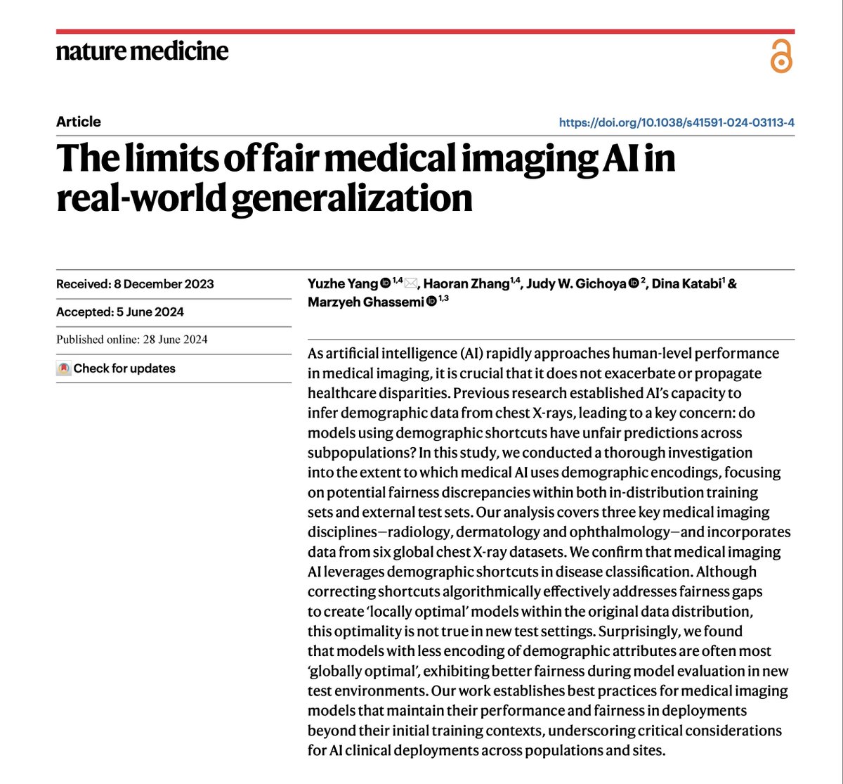 Yuzhe Yang (@yang_yuzhe) on Twitter photo Why could medical imaging AI be biased across different demographic groups?🤔
Excited to share our latest <a href="/NatureMedicine/">Nature Medicine</a> paper on revealing the potential cause of bias, and how to dissect & improve fairness ID & OOD.💡
📄nature.com/articles/s4159…
💻github.com/YyzHarry/short…
(1/n) Why could medical imaging AI be biased across different demographic groups?🤔
Excited to share our latest <a href="/NatureMedicine/">Nature Medicine</a> paper on revealing the potential cause of bias, and how to dissect & improve fairness ID & OOD.💡
📄nature.com/articles/s4159…
💻github.com/YyzHarry/short…
(1/n)