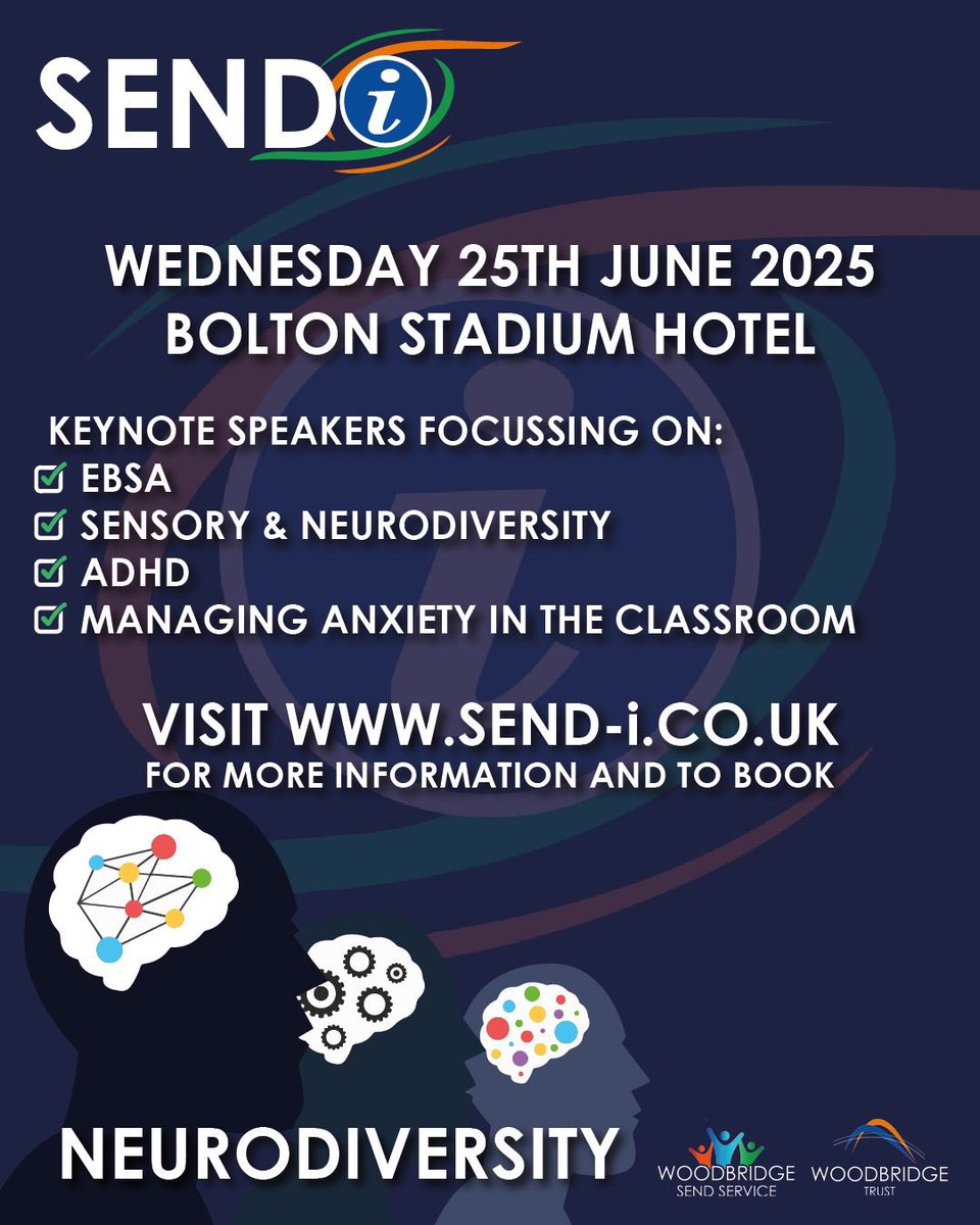 SENDI 2025 booking link is open! Book now and pay the Early Bird Price  #SENDI #neurodiversity #ADHD #SENSORY #EBSA #ANXIETY #wearewoodbridge click on the link to book or find out more  forms.gle/wREko35uGoun1Q… <a href="/WoodbridgeTrust/">WoodbridgeTrust</a>