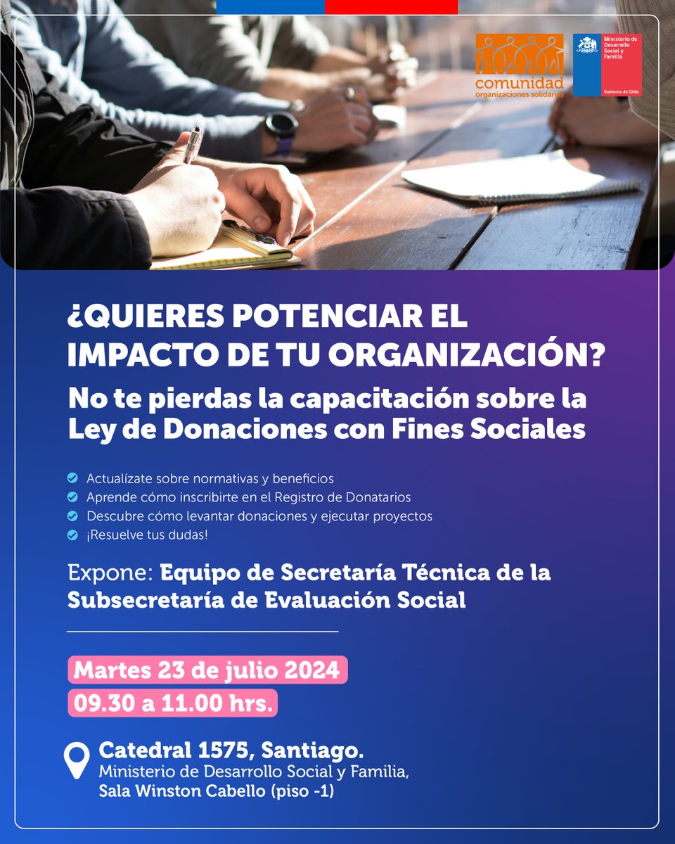 📚¡No te pierdas esta oportunidad!
En conjunto con la Secretaría Técnica de Donaciones Sociales de la <a href="/subsevalusocial/">Subsecretaría de Evaluación Social</a> del <a href="/MinDesarrollo/">Ministerio de Desarrollo Social y Familia</a>, nos complace invitarles a la Capacitación sobre la Ley N°19.885 de Donaciones con Fines Sociales.

Inscríbete aquí ➡️ bit.ly/4eRwzuS