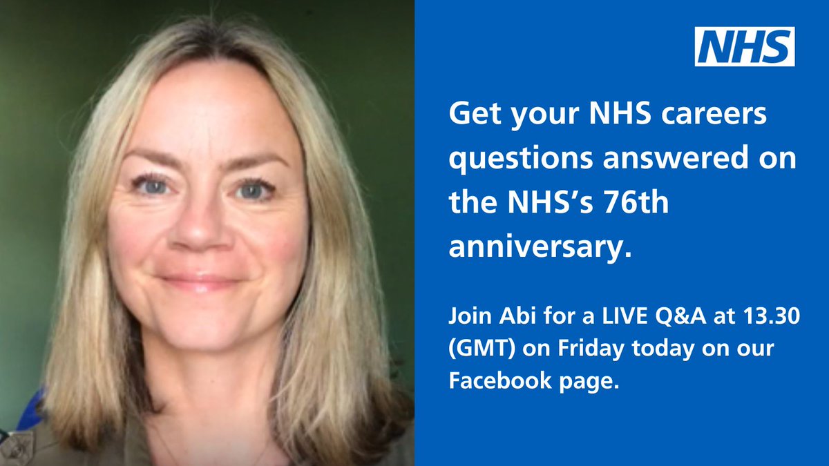 NHS Health Careers (@healthcareersuk) on Twitter photo Join us on Facebook this Friday for a very special Q&A celebrating the NHS 76th anniversary.
Our NHS careers expert <a href="/Abigail_Changer/">Abigail Changer</a> will be answering your questions on a career in the NHS.
📆Set your reminder facebook.com/events/3451190…
#NHS76 #NHSbirthday #NHS anniversary Join us on Facebook this Friday for a very special Q&A celebrating the NHS 76th anniversary.
Our NHS careers expert <a href="/Abigail_Changer/">Abigail Changer</a> will be answering your questions on a career in the NHS.
📆Set your reminder facebook.com/events/3451190…
#NHS76 #NHSbirthday #NHS anniversary