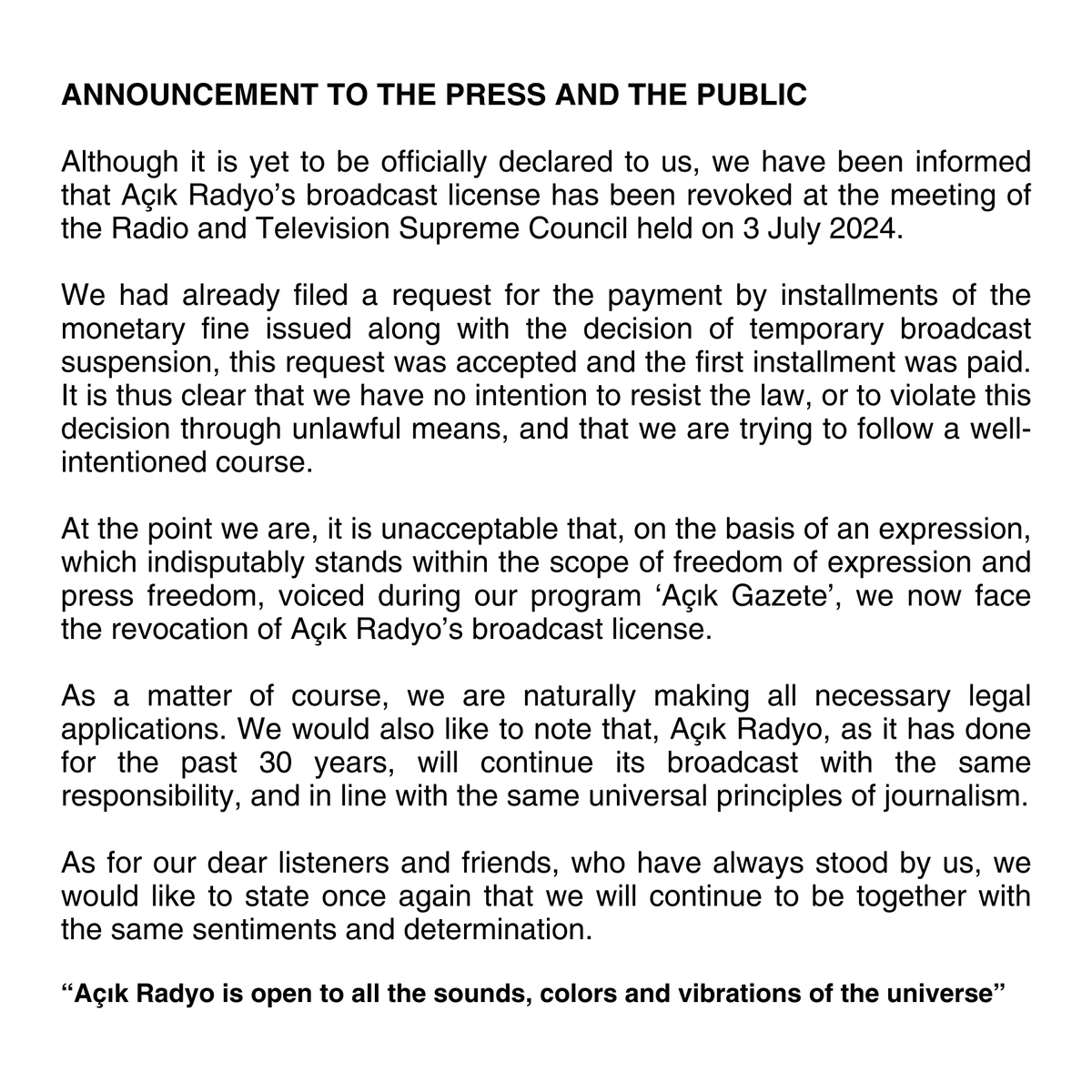 acikradyo's tweet photo. ANNOUNCEMENT TO THE PRESS AND THE PUBLIC https://t.co/yItY1I1jXu