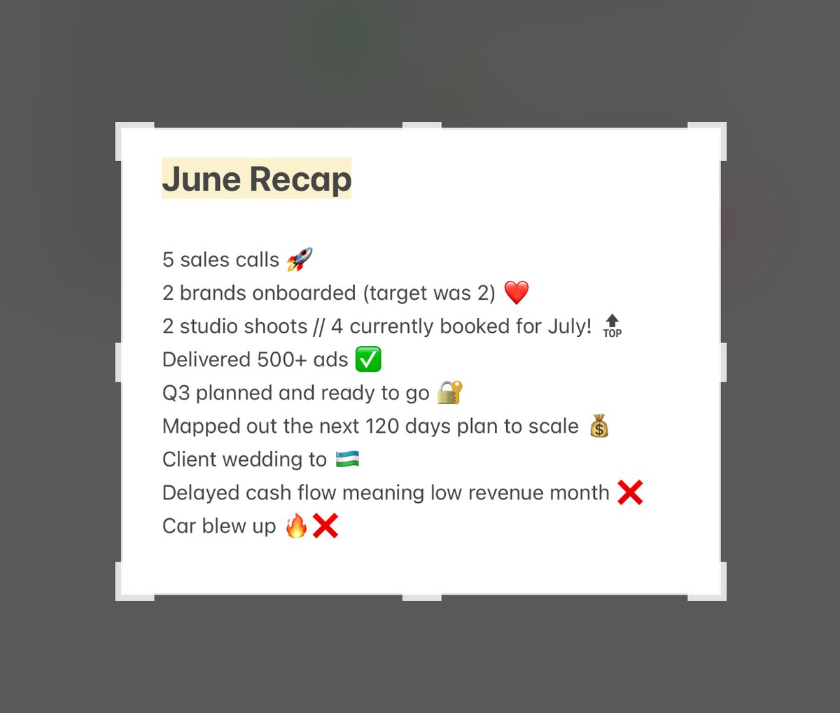 aaronmtrx's tweet photo. June Recap 🔥🥸🛠️
That might just have been the wildest month of 2024 so far. So much happened that some bits feel like a fever dream...
Where do we start? The car blowing up or the client’s wedding in Uzbek? lol
We kicked off the month by heading off to Uzbekistan for a client wedding; it was a blast and one to remember. A very bittersweet moment being able to be with around the people whom you deliver ads for on a month-to-month basis! Although it disrupted my routine, it was worth it. I documented the whole trip, so a fun POV is coming this week to YT 🤞
As we moved into June, I took 5 sales calls and closed 3/5 @devantae_masaun how we ranking this one? lol
With the week being a spiral of wildness. Revenue targets weren't hit due to delayed cash flow, so a poor month on our end! Pissed me and my partner off, but we know what needs to be done, its just about now doing it.
Sometimes there are things you can control, one being the car malfunctioning and going up in flames. I’m just happy to have got out when we did, sunk in the next couple of days later and put everything into perspective. We was down bad LMAO @Hamza_Mtrx
It taught me to make EVERY single day count like it’s my last, despite this months setbacks (some even not on here as it was back n fourth at one point lol) Imma keep pushing towards what you really love doing (which I do) and that life is too short, you seem to realise this more when you get into a freak moment like last week. Makes you step back and look at everything lol
To keep it real. Seen a drop in calls per week due to inconsistent acquisition efforts. It’s a good feeling to be in the position rn where A LOT of brands are coming from referrals (brands are happy on results + comms so the ripple effect of new biz is still great).
But for me, I do not want to have to rely on referrals, which can dry up at any point when there is new business everywhereeee — but happy to say we’re back on that now:
- We have 800+ emails firing daily
- I’m hyper-personalising outreach to a specific list of brands I want to make ads for
- The content game is back on (I promise at LEAST 2 YouTube videos this month!!!)
- Coming for all our hit list brands!!
It’s about getting the reps in! month on month, our AD game is getting even better, and the volume is increasing - which is exactly the right track I aim to be on. Comparing the last 6 months to now, the growth in the team and the brands we work with is incredible.
We’ve got HUGE Q3 to absolute RIPPPP and i wont let anything get in our way to hit these goals. As the team has grown felt it made sense to split this by departments. So KPIs and targets can be a lot more streamlined.
Some fun shoots coming up this month, alongside from renewals which is always a good thing. Excited to continue sharing results, creatives and ofc documenting this journey!!!
Let’s have a smashing July 🛠️ #GetTheRepsIn
