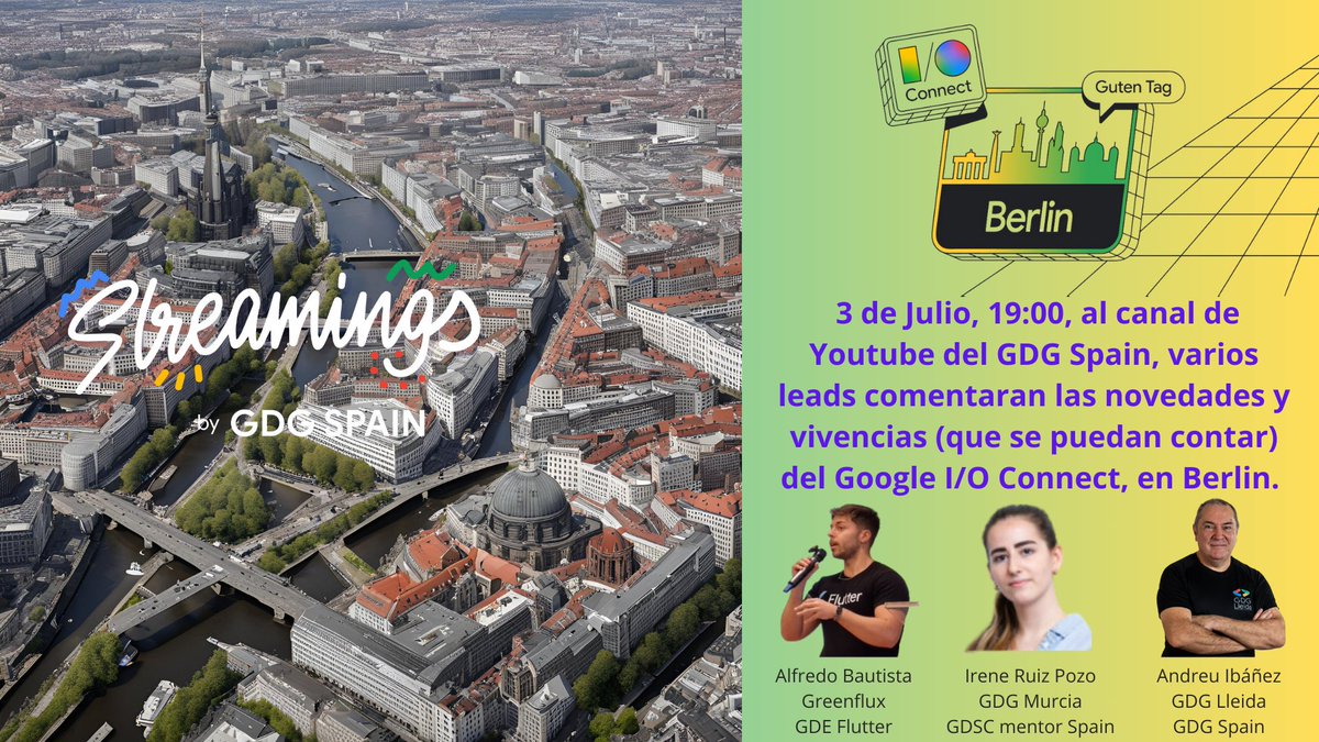 Salseo GDG by <a href="/IreneRuizPozo/">Irene Ruiz</a> , <a href="/alfredobs97/">Alfredo Bautista 💙</a> y un servidor en sus Youtubes en media horita, Lo que pasó en Berlín se quedó en Berlín ??. Streaming del <a href="/GDG_ES/">GDG Spain</a> a las 19:00 en youtube.com/watch?v=SjwmOs…
