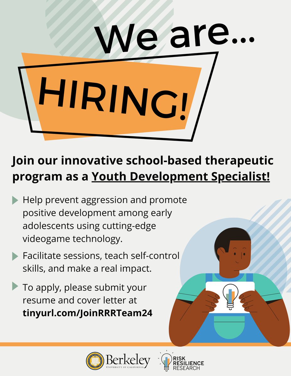 Join Our Team! 
We're seeking a positive, dedicated Youth Development Specialist for our innovative videogame-supported, school-based therapeutic program! careerspub.universityofcalifornia.edu/psp/ucb/EMPLOY…  

#JobOpportunity #YouthDevelopment #UCBerkeley #JoinOurTeam