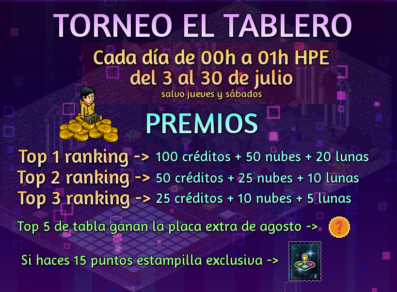 🤑 Si durante junio jugamos Zana Kick... ¡este julio hemos preparado un torneo de El Tablero! ¿Te acuerdas de él? 👀

📅 Este mes tienes una cita de 00h a 01h HPE en la sala de Juancha para jugar rondas de El Tablero y ganar puntos. 

👇 ¡Ojo a todos los premiazos! 👇