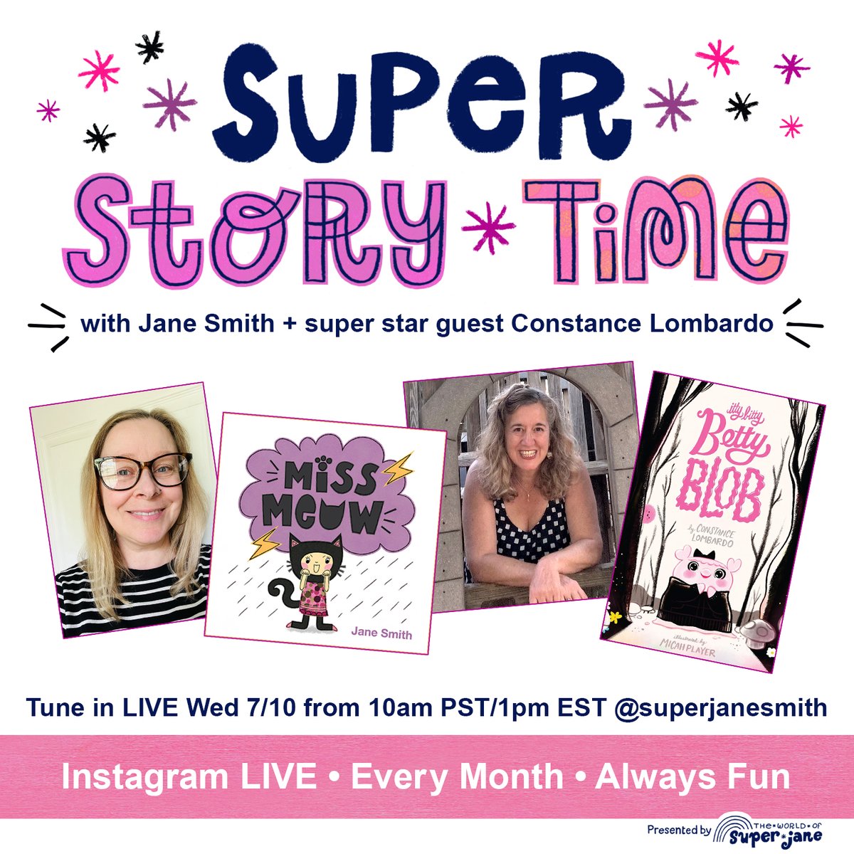 🎉 MARK YOUR CALENDARS: Plan 2 join @ConLombauthor  &amp; I for a fun, live #storytime on IG next WED 7/10 @ 10am PST / 1pm EST! Constance will be #reading her NEW #picturebook #IttyBittyBettyBlob + I'll be reading my classic picture book #MissMeow! 📚💕🖤 #authorevent #booktwitter