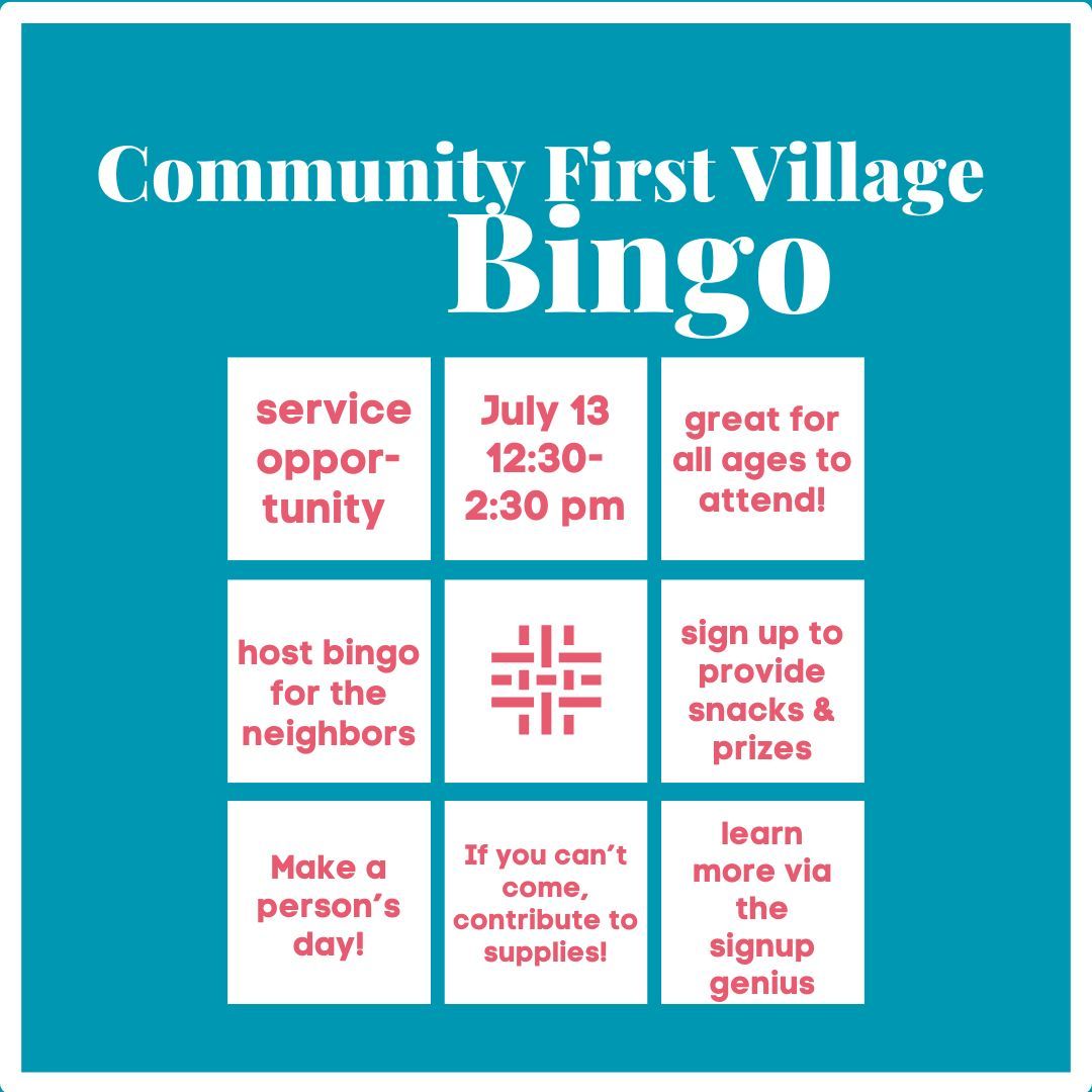 🚨Service Opportunity Alert🚨
🗓️ Sunday, July 13th from 12:30-2:30
🎤 We'll be hosting Bingo for the Neighbors at Community First Village
➡️ Sign up to provide snacks &amp; prizes
➡️ Help provide supplies if you're unable to attend
buff.ly/45NWC1G