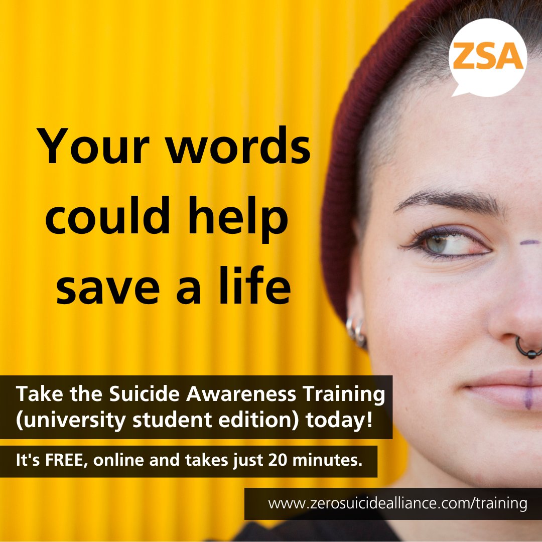 Are you a student at #uni? Do you work closely with university students?

If a student you know was thinking about ending their life, would you know what to say or do?

Learn skills and gain confidence 👇

zerosuicidealliance.com/suicide-awaren…

#SuicideAwareness #SuicidePrevention