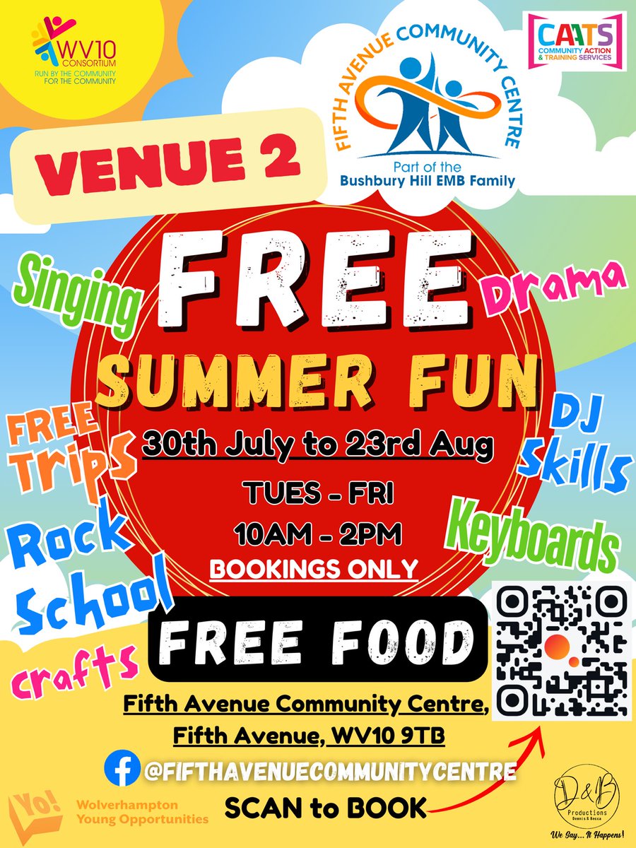 ☀️ BOOK NOW!☀️ FREE Activities this Summer!☀️

😎 Scan the code or click on the links below! 😎

TO BOOK here at Fifth Avenue Community Centre:
eequ.org/experience/9837

TO BOOK at our Sister centre <a href="/big_venture/">Big Local Venture</a>:
eequ.org/experience/9833