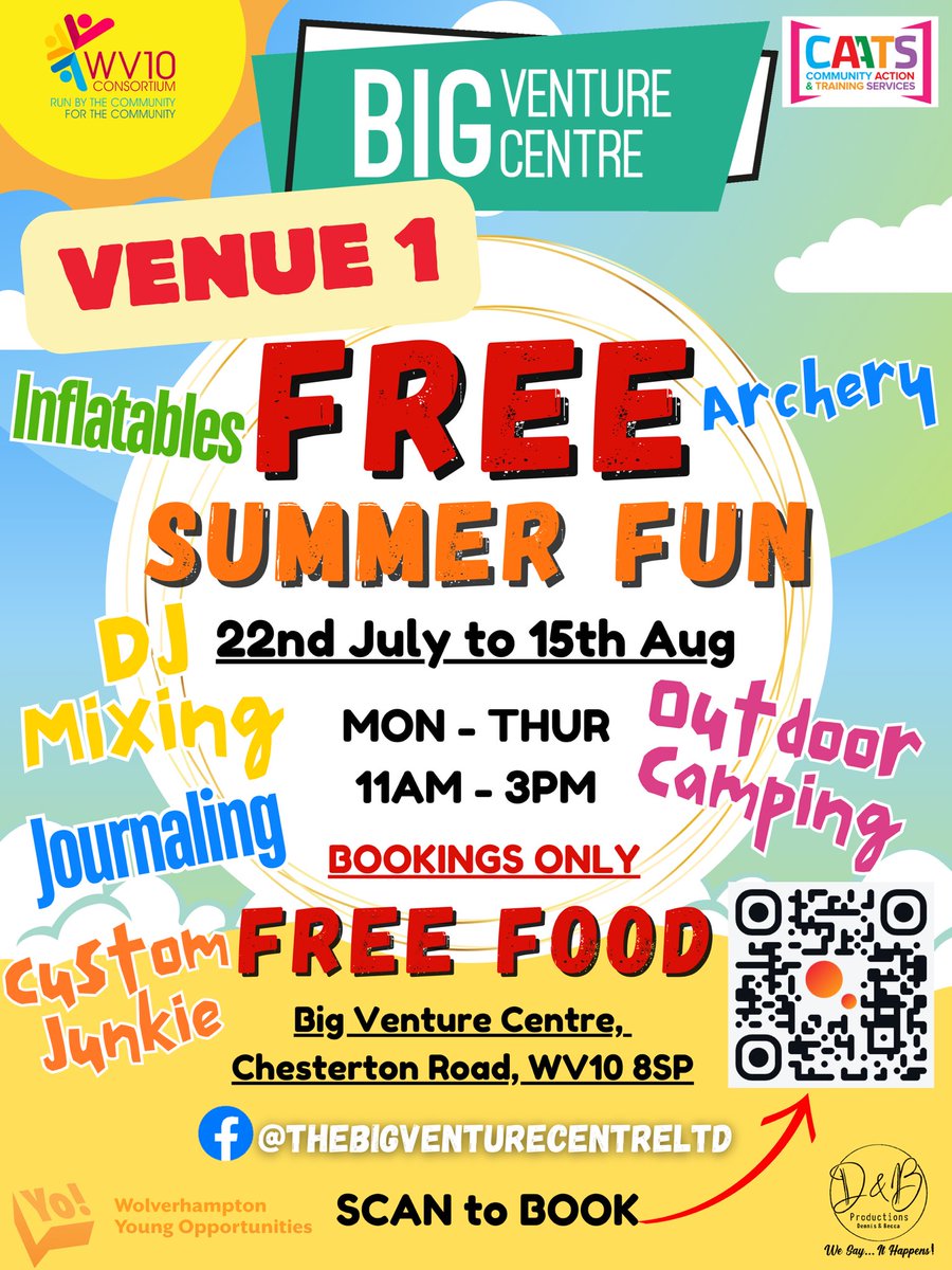 ☀️ BOOK NOW!☀️ FREE Activities this Summer!☀️

😎 Scan the code or click on the links below! 😎

TO BOOK in here at <a href="/big_venture/">Big Local Venture</a>:
eequ.org/experience/9833

TO BOOK in at our Sister centre <a href="/FifthAvenueCC/">Fifth Avenue CC</a>:
eequ.org/experience/9837