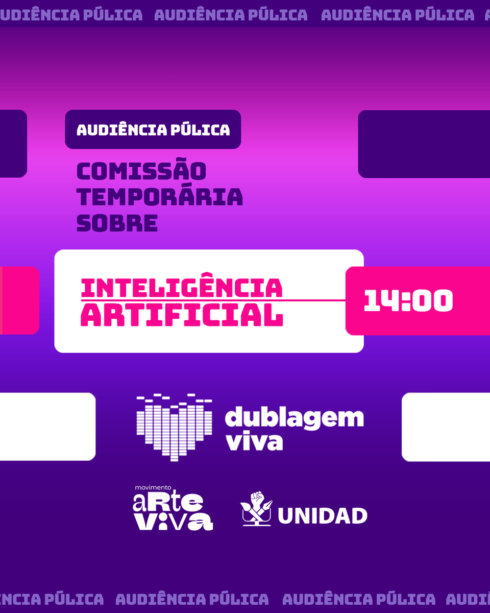 unidad_br's tweet photo. 🚨 SEREMOS REPRESENTADOS!

É hoje as 14h a última audiência pública e o pessoal da @DublagemViva vai apresentar nossa posição e do @MovArteViva por uma REGULAMENTAÇÃO ÉTICA das IAs para garantir nosso trabalho e Direitos Autorais!

Vamos apoiar subindo a TAG #DireitosDosArtistas https://t.co/l1rtLPRTna