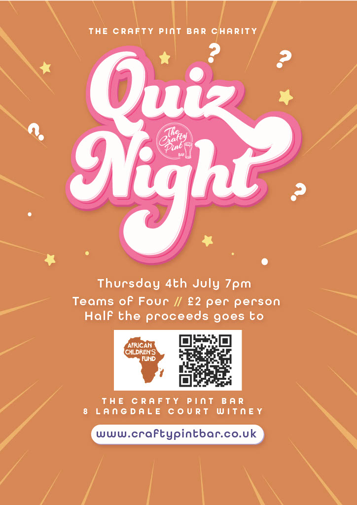 African Children's Fund (@afchildfund) on Twitter photo ๐ท Quiz Night! ๐ท
Tonight's the night! Who's joining us at The Crafty Pint Bar in #Witney for our Quiz Night? If you've not already booked a table, pop in or email hello@craftypintbar.co.uk and Melanie will squeeze you in if she can. Hopefully we'll see you later!
#Quiz ๐ท Quiz Night! ๐ท
Tonight's the night! Who's joining us at The Crafty Pint Bar in #Witney for our Quiz Night? If you've not already booked a table, pop in or email hello@craftypintbar.co.uk and Melanie will squeeze you in if she can. Hopefully we'll see you later!
#Quiz
