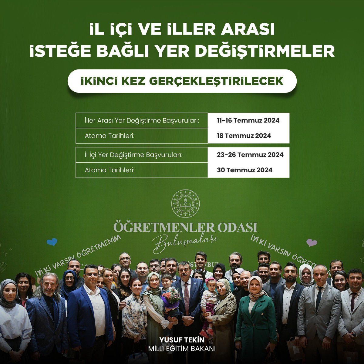 Öğretmenlerimizin çalışma ortamlarını düzenlemek ve eğitimde huzur iklimi oluşturmak önceliklerimiz arasındadır.

Öğretmenler Odası Buluşmaları'mızda meslektaşlarımızla gerçekleştirdiğimiz istişareler ve öğretmenlerimizin yoğun talepleri doğrultusunda il içi ve iller arası isteğe