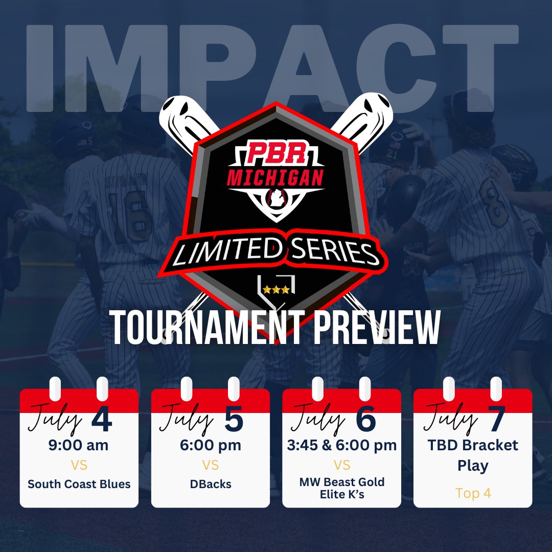 WOWFactorMISel's tweet photo. Save the dates! WM Impact is looking forward to playing in the PBR Baseball Tournament Michigan Limited Series this weekend. Join us for another great tourney. Go Impact! #wmimpactbaseball @pbrtscouting @PBR_Uncommitted @PBRTournaments https://t.co/dsYa7zT361