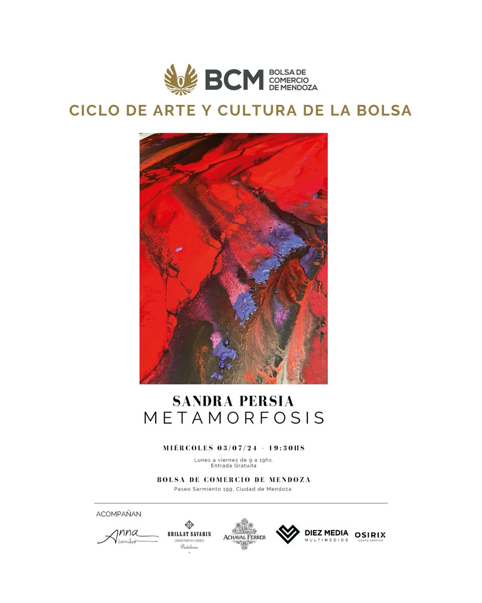 𝑰𝒏𝒂𝒖𝒈𝒖𝒓𝒂𝒄𝒊ó𝒏 𝑴𝒖𝒆𝒔𝒕𝒓𝒂 𝒅𝒆 𝑨𝒓𝒕𝒆 ✨
Dentro del Ciclo Anual de Arte y Cultura que organiza la #BCM, hoy se inaugura la muestra de arte de la excelentísima artista Sandra Persia, quien presentará su obra denominada Metamorfosis.

#Bolsadecomercio #muestradearte