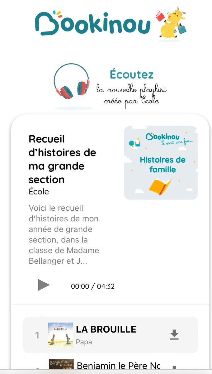 S_Bella74's tweet photo. Quelle belle idée @mybookinou de proposer d’élaborer en fin d’année une playlist à partager avec les parents suite au dispositif #PasseursdeVoix et faire profiter de l’écoute des #histoires pdt l’été aux élèves 🤩 #cycle1 #maternelle https://t.co/NORb3ZwngM