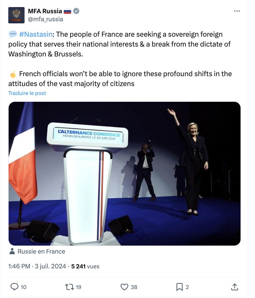 Colon_David's tweet image. La stratégie d&apos;ingérence du Kremlin dans le processus électoral en France est pleinement et ouvertement assumée. Ce tweet du Ministère des affaires étrangères de la Fédération de Russie en est une nouvelle illustration.