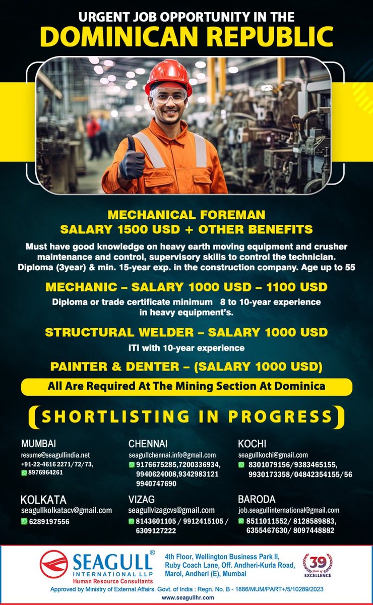 hrd1_seagull's tweet photo. 🇩🇴 Dominican Republic Jobs 
✔Urgent Recruitment
📝Shortlisting in progress
📍Location- Mumbai , Chennai , Kochi , Baroda , Vizag &amp; Kolkata 
.
.
.
#dominicanrepublicjobs #seagull #mechanicalforeman #mechanic #structuralwelder #painter #denter https://t.co/tnMBXnEanl
