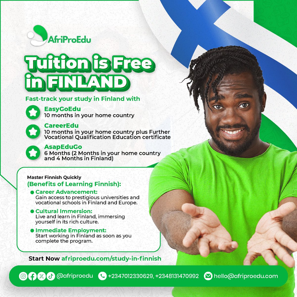 afriproedu's tweet image. 🌟 Guess What! Studying in Finland is free if you Learn Finnish🌟
Now’s your chance to realise that dream with AfriProEdu’s comprehensive Finnish Language Programs! 🎓✨
Special Offer:
Register now and get an exclusive €200 discount on our Finnish Language Program!