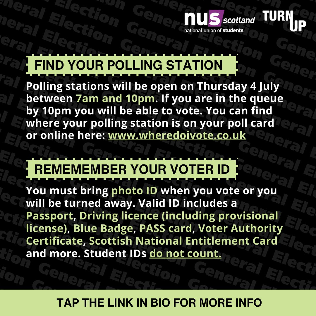 Over 1.6 million young people are ready to vote tomorrow Thursday 4 July.🗳️Make sure you're ready to vote. ✅

Tap the link to find your polling station 📌wheredoivote.co.uk 

And don't forget to bring your Voter ID or you will be turned away.🪪

#GE2024  #TurnUp