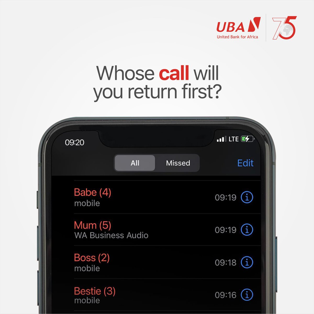 UBAUganda's tweet photo. Let us all be honest, Who are you calling back first?

#UBAFun #AfricaGlobalBank #UBAat75 https://t.co/GBqZA7VWzP
