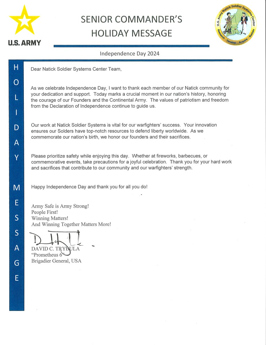 As we come together to celebrate Independence Day, I want to express my profound gratitude to each member of our Natick community for your relentless dedication and unwavering support. #naticksoldiersystemscenter #USArmy #IndependenceDay