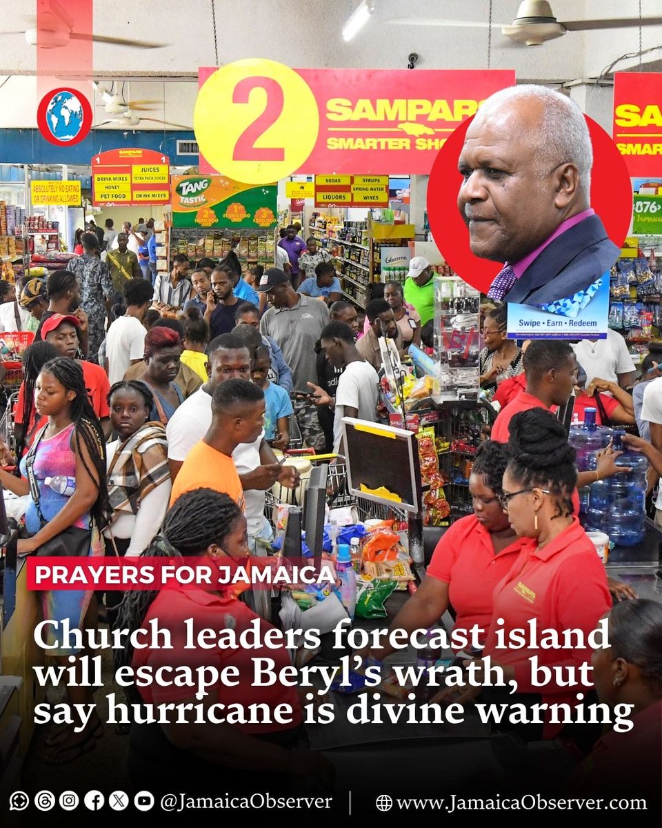 JamaicaObserver's tweet photo. A conclave of religious leaders who have engaged in ongoing prayers as Hurricane Beryl continues to make a furious beeline for the island have forecast that the country will be spared the brunt of the system’s fury. However, they insist that Jamaicans must view the powerful cyclone as a divine warning and repent.
https://t.co/dlQw3RZRMP