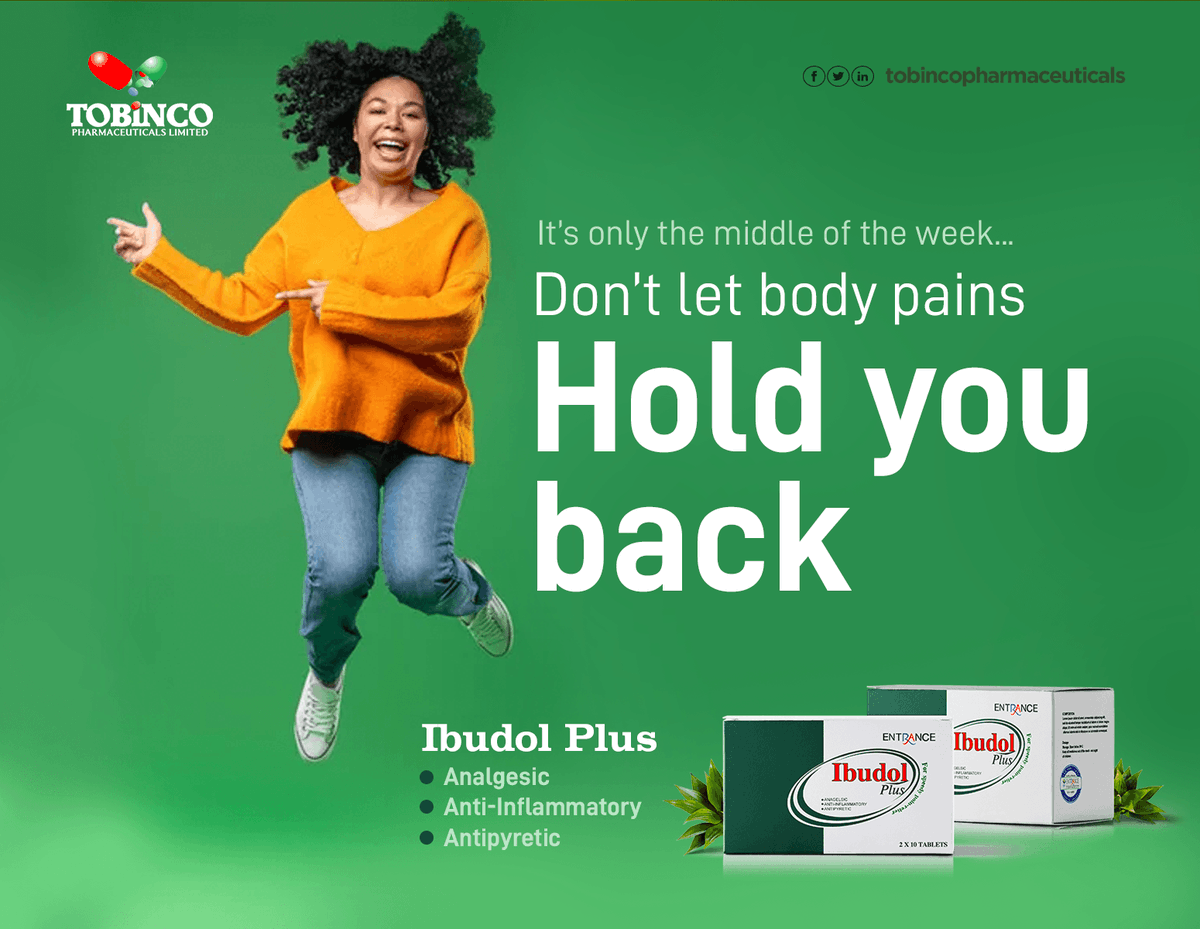 Tobincopharmacy's tweet photo. It's only the middle of the week. Don't let body pains let you down.

#Guinessworldrecord #Painkiller #Tobinco #Nanaboroo #Mohammedkudus #Enokay #Ibudol #Pharmaceutical #Wednesday #Shattawale https://t.co/9biOBVmqWt