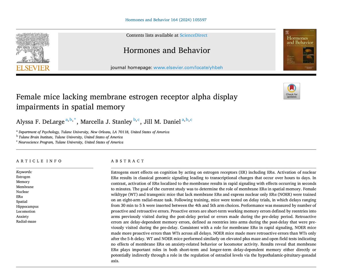 Jill Daniel (@jillmdaniel) on Twitter photo Excited to share our latest paper published in <a href="/HormBehav/">Hormones and Behavior Journal</a>. Loss of membrane estrogen receptor alpha in NOER (nuclear only estrogen receptor) mice impairs both short- and long-term memory. Congratulations to postdoc Alyssa DeLarge on the nice work!
authors.elsevier.com/sd/article/S00… Excited to share our latest paper published in <a href="/HormBehav/">Hormones and Behavior Journal</a>. Loss of membrane estrogen receptor alpha in NOER (nuclear only estrogen receptor) mice impairs both short- and long-term memory. Congratulations to postdoc Alyssa DeLarge on the nice work!
authors.elsevier.com/sd/article/S00…
