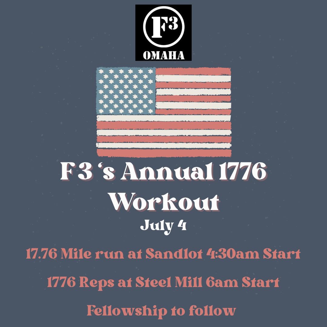 mleads's tweet photo. Attention all @F3Omaha PAX - Join @JeffSpilker and I tomorrow at @F3TheSteelMill for 1776 reps to celebrate the birth of our great nation. Lots of fellowship to follow 💥 
5:35 ❤️ Run
6:00 🥊 ⬇️
7:30 ☕️ 🍩 🧨🎆🎉 https://t.co/ks3vQDkTB7