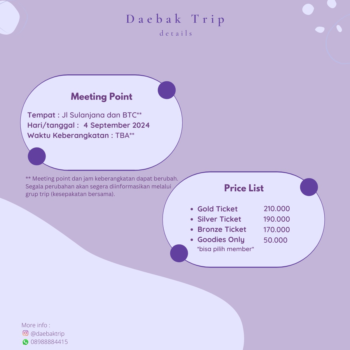daebak_official's tweet photo. Daebak Trip Present

EAJ LIVE "WHEN THE RAIN STOPPED FOLLOWING ME" IN JAKARTA 

📍Jl. Sulanjana &amp; BTC
📅 4 September 2024
⏰ TBA

💵 start from 170k
form link: https://t.co/JpYEZcM5r1

#EAJ #eajlive #whentherainstoppedfollowingme #parkjaehyung #jarsina #jarsbandung https://t.co/8nZztQgeHI