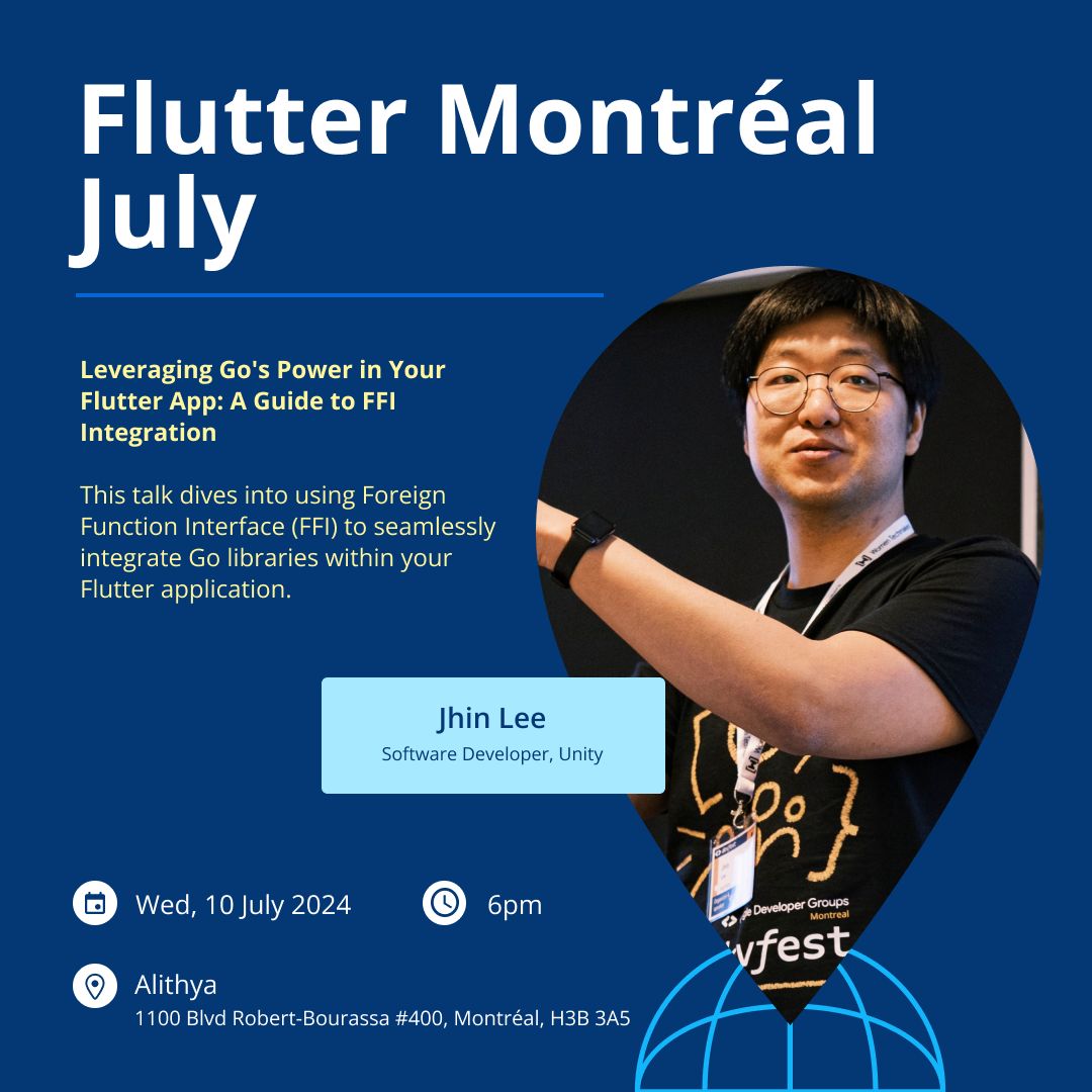 Remember to RSVP for the Flutter Montréal July Meetup!
Jhin Lee will talk about using Foreign Function Interface (FFI) to integrate Go libraries within your Flutter app.

RSVP: buff.ly/4ex9fCh 
Discord: buff.ly/3wpbFBR

#flutter #flutterMTL #gdg #gdgMTL #widget