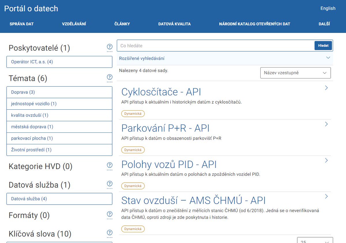🥇Říkal někdo dynamická data?🥇
Nedávno zavedla <a href="/agentura_dia/">Digitální a informační agentura</a> do Národního katalogu pro <a href="/otevrenadata/">Otevřená data</a> příznak pro "dynamická data". Nečekali jsme. Dnes nás DIA pochválila, že jsme za ČR první. ❤️

data.gov.cz/datov%C3%A9-sa…

Pokud máte nějaký komentář k datům <a href="/Golemio_data/">Golemio - Prague Data Platform</a>, napište.