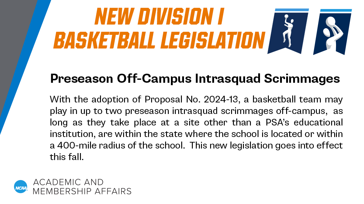 🔔Attention Division I Basketball Coaches🔔

The NCAA Division I Council recently adopted new legislation in basketball permitting institutional flexibility related to preseason off-campus intrasquad scrimmages. Check out the graphic below for more info.