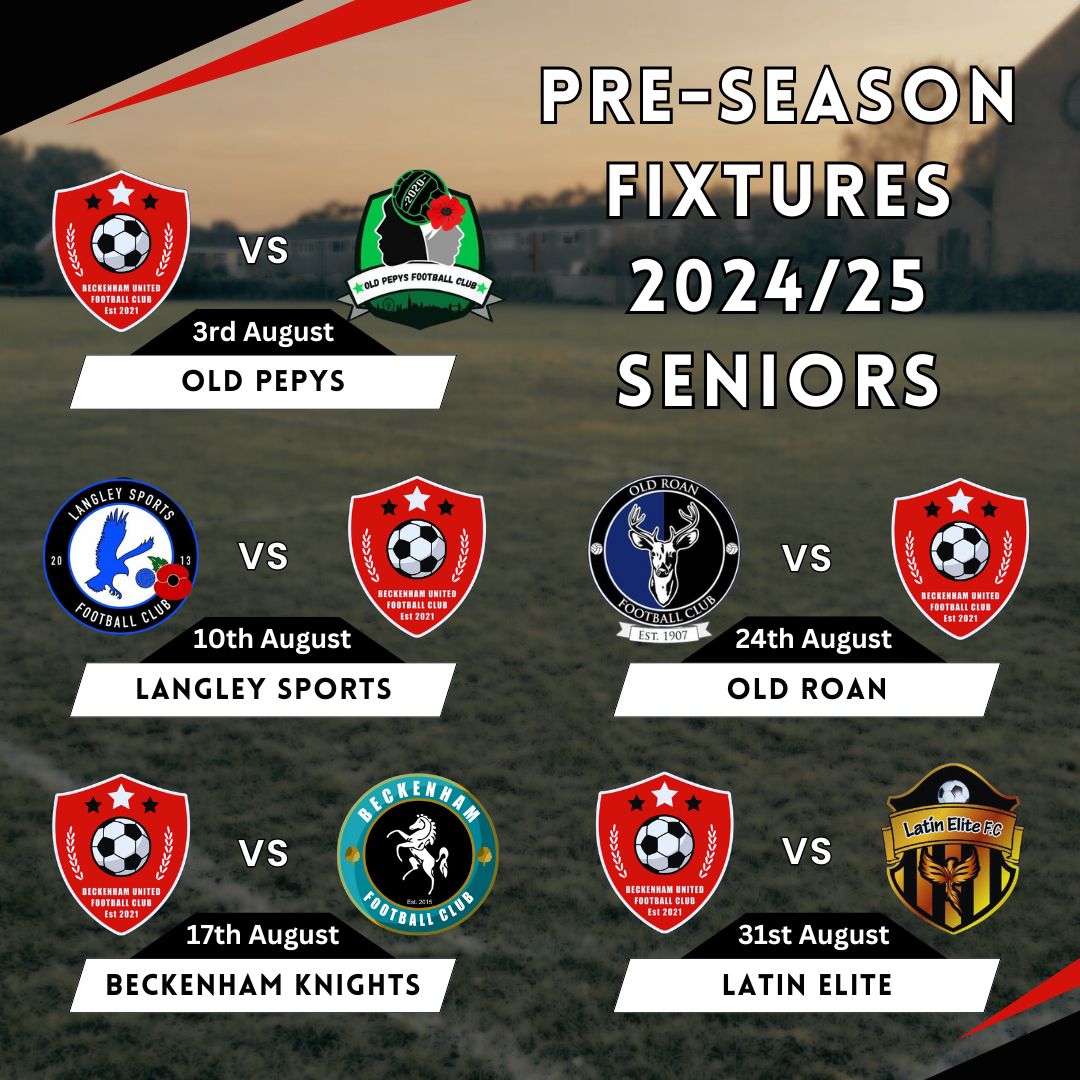 Beckenham United FC (Senior) (@beckenhamutd) on Twitter photo Our Pre Season Fixtures are up!
<a href="/OldRoanFC/">Old Roan FC</a> <a href="/LatinElitefc/">Latinelitefc</a> <a href="/LangleySportsFC/">Langley Sports FC</a> @OldPepysFC <a href="/BeckenhamFC/">Beckenham FC</a> Our Pre Season Fixtures are up!
<a href="/OldRoanFC/">Old Roan FC</a> <a href="/LatinElitefc/">Latinelitefc</a> <a href="/LangleySportsFC/">Langley Sports FC</a> @OldPepysFC <a href="/BeckenhamFC/">Beckenham FC</a>