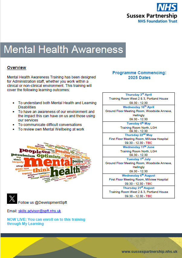DevelopmentSpft's tweet photo. Calling all administration staff, a new course has been developed for you, Mental Health Awareness. @SpftA @SPFT_FuncSkills @SPFTAdmin https://t.co/NoMCQrPlEu